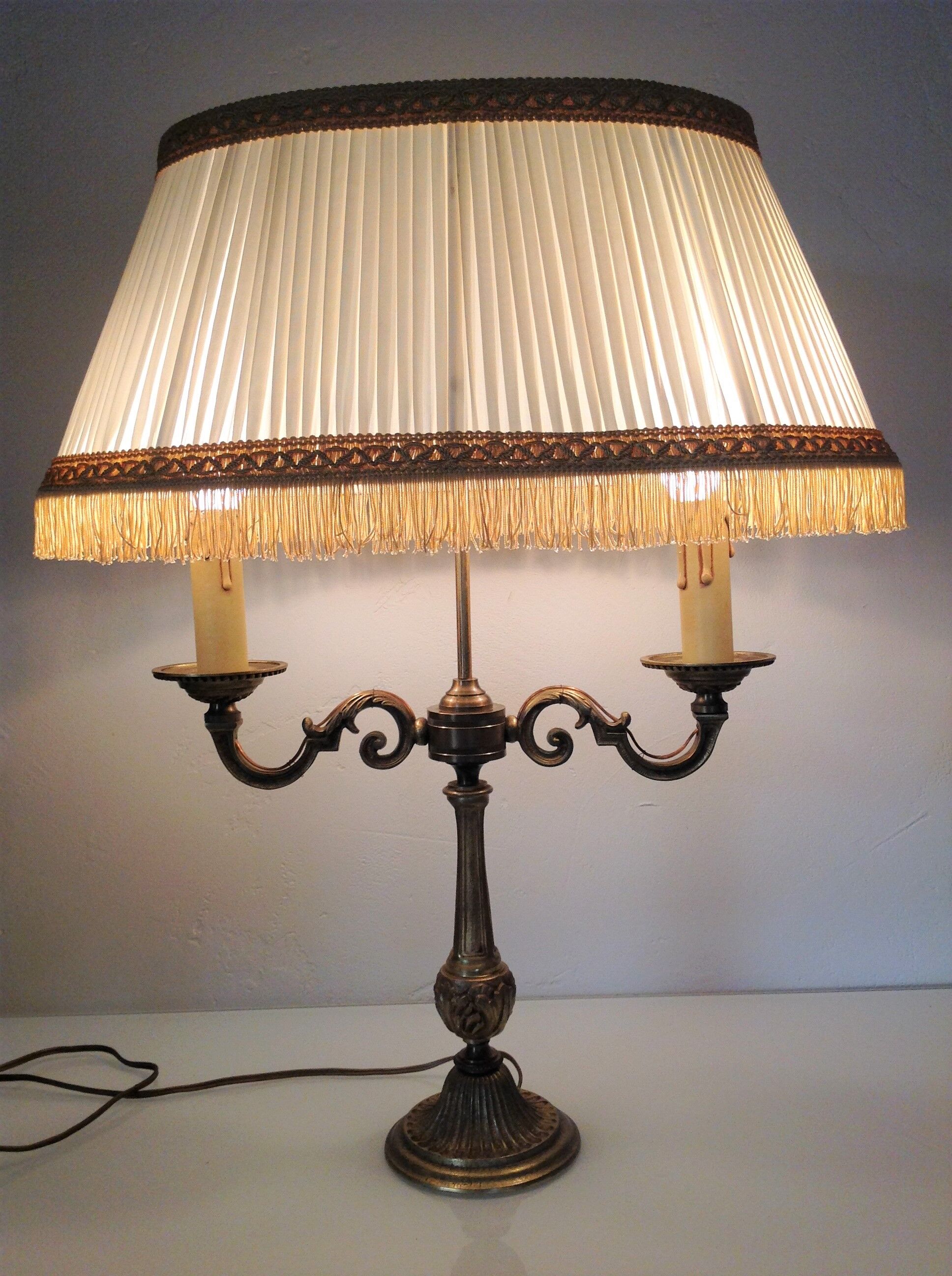 Empire style hot water bottle lamp with fabric lampshade / vintage 50-60s
