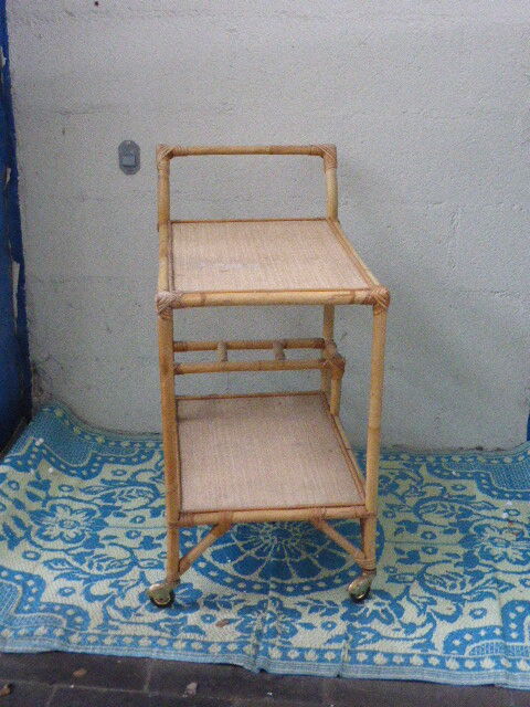 1960 vintage wicker rattan and bamboo trolley