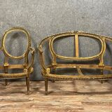 Frames of bench and armchair Louis XVI basket in gilded and lacquered wood