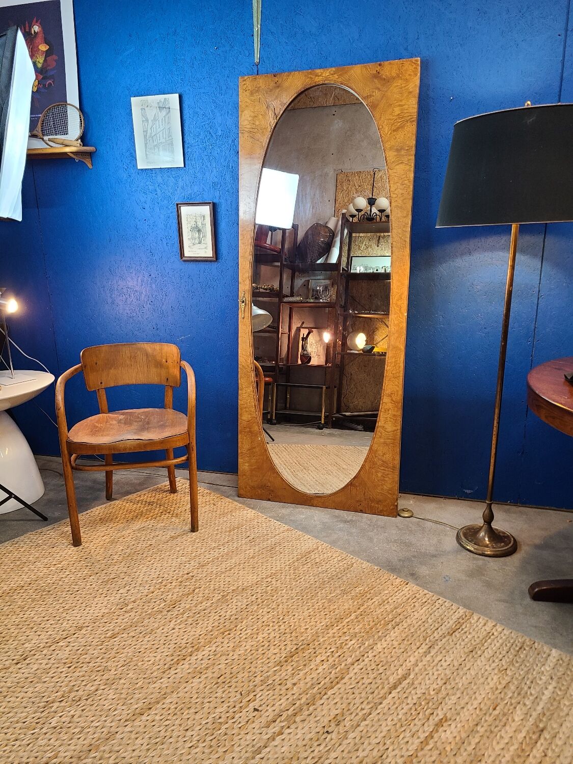 Miroir vintage géant bois clair miroir ovale 1920