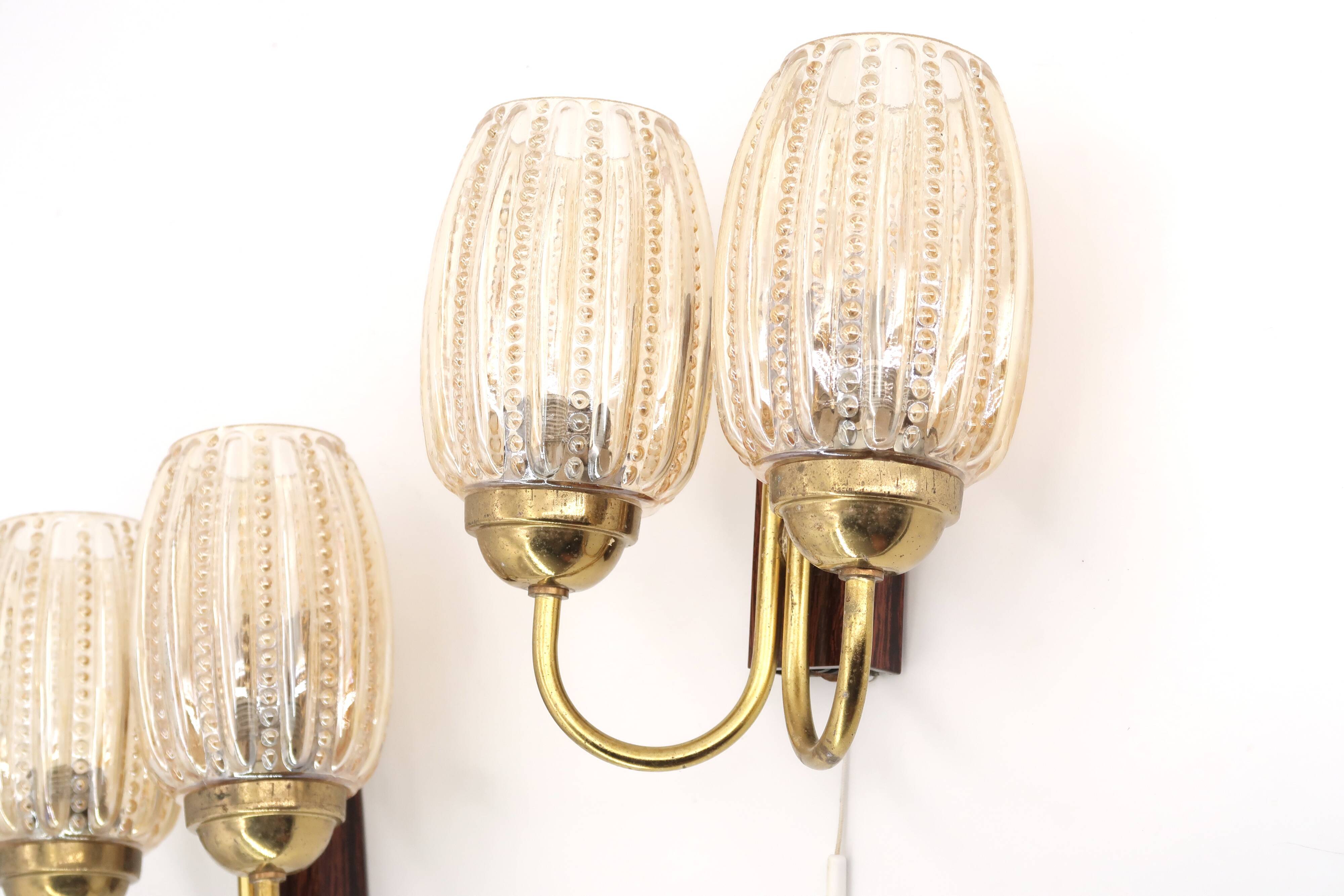 Pair of Graewe wall lights in brass and tinted glass, 1960s