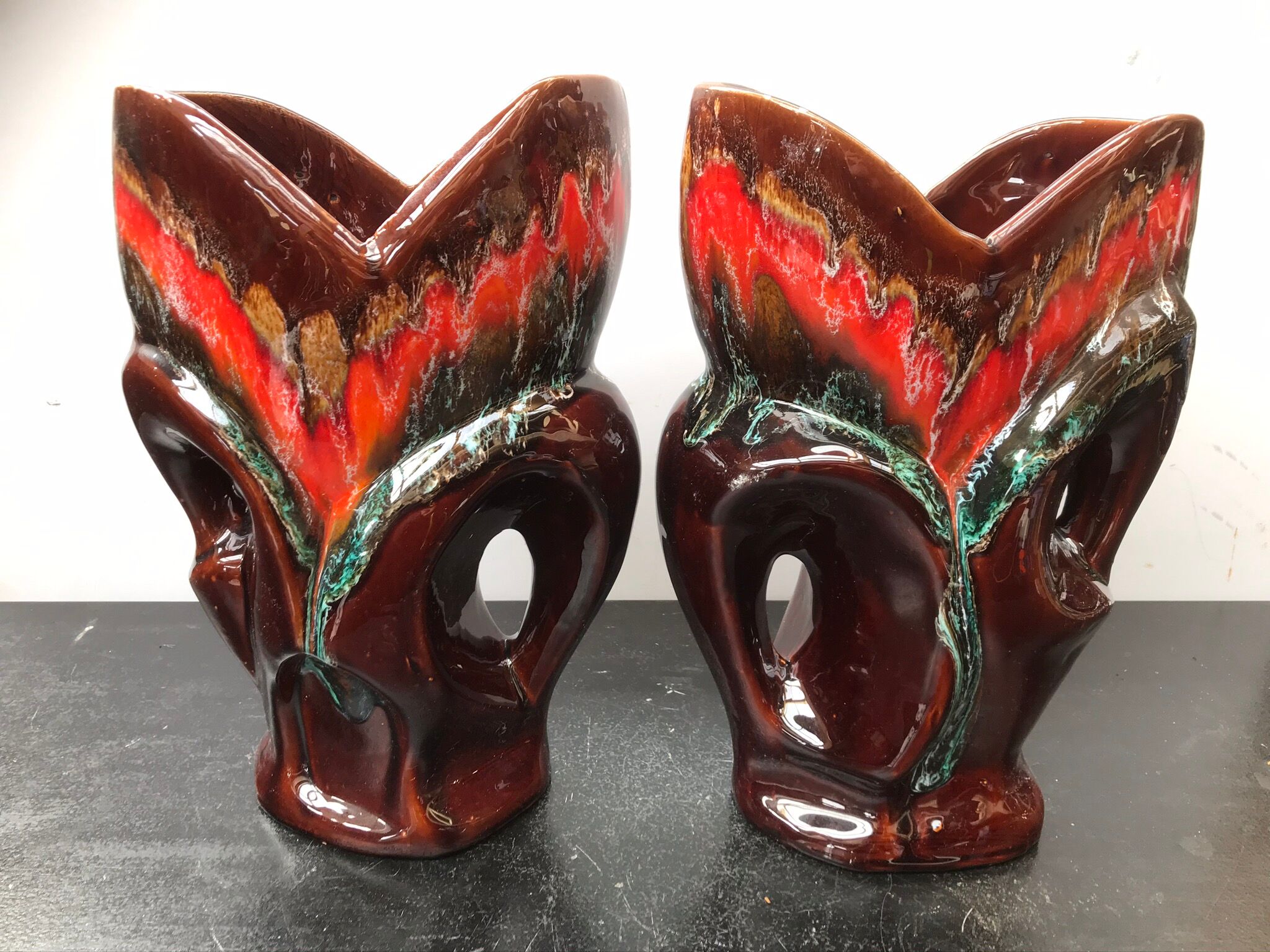 Paire de vase ancien Vallauris céramique multicolore + 2 anses vintage