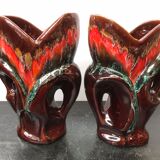 Pair of old Vallauris multi-colored ceramic vase + 2 vintage handles