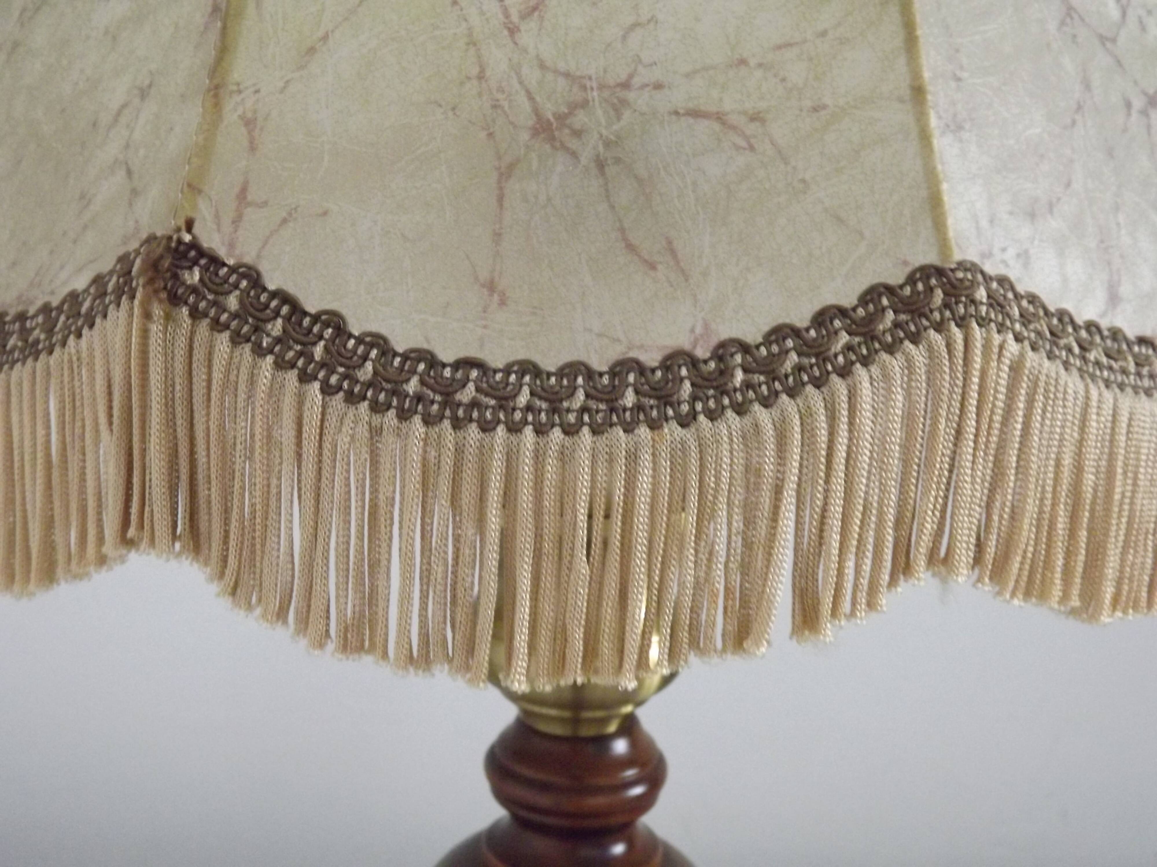 French Mid-Century Brass and Turned Wood Table Lamp with Hide Skin Shade