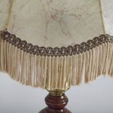 French Mid-Century Brass and Turned Wood Table Lamp with Hide Skin Shade