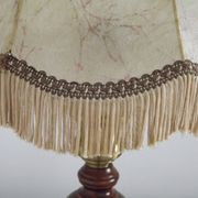 French Mid-Century Brass and Turned Wood Table Lamp with Hide Skin Shade