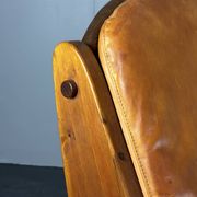 Brutalist pine rocking lounge chair with leather seat by Wasa 1984