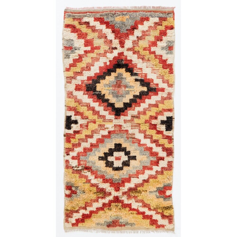Vintage Hand-Knotted Turkish Tulu Rug with Geometric Design in Red, Cream, Yellow and Gray, 100% Wool