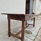 Table de Ferme bourguignonne à entretoise en noyer massif 19éme deux tiroirs-1m82