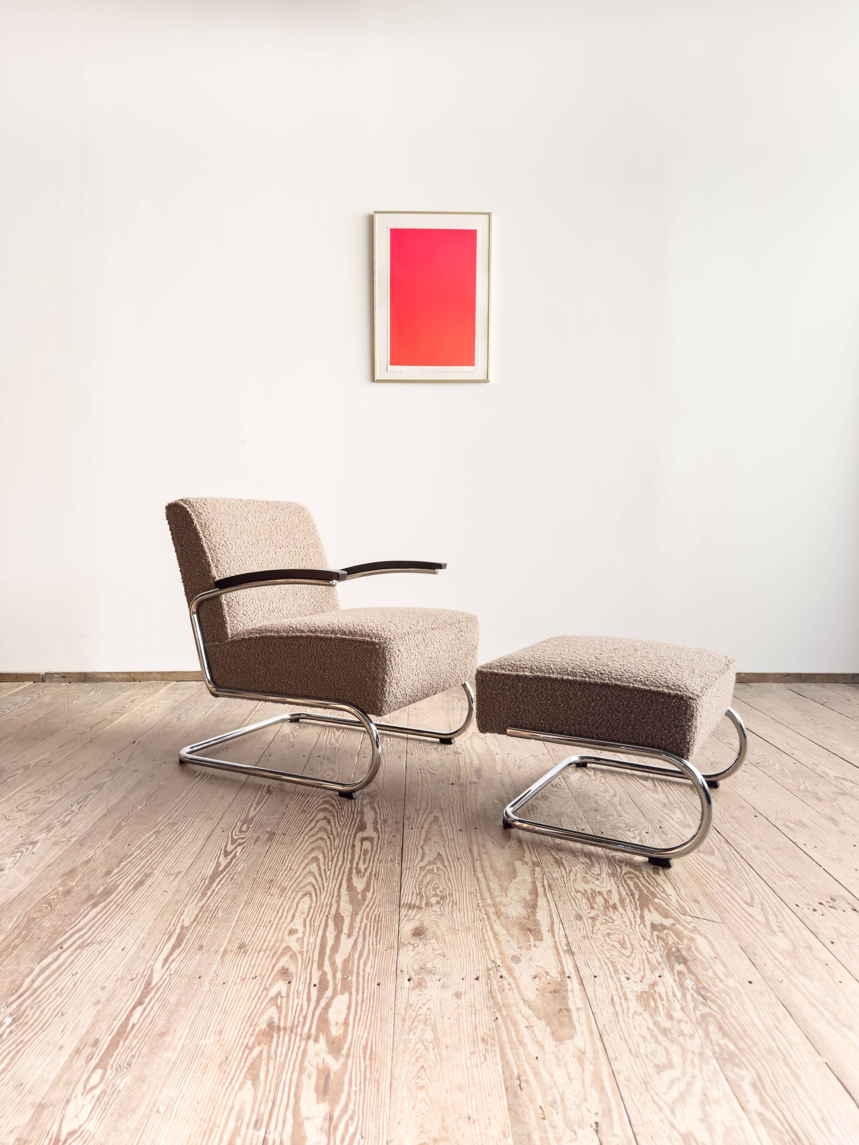 Fauteuil et ottoman Thonet 411 Bauhaus en tissu bouclé