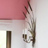 Vintage wall light with rush and leaves in sheet metal and gold metal