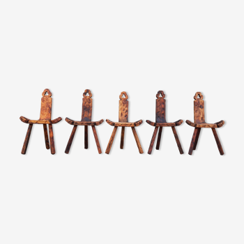 Set of 5 wooden tripod chairs