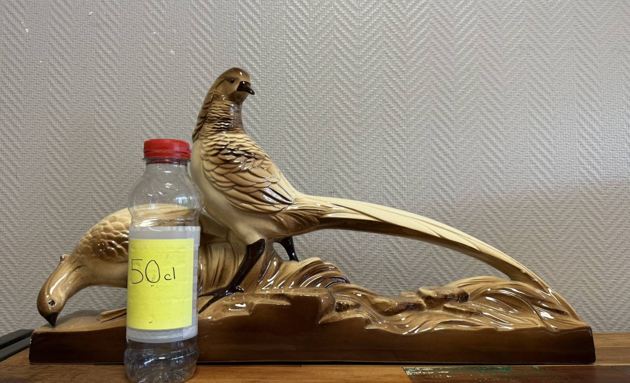 Pair of golden pheasants from the Art Deco period in brown glazed ceramic