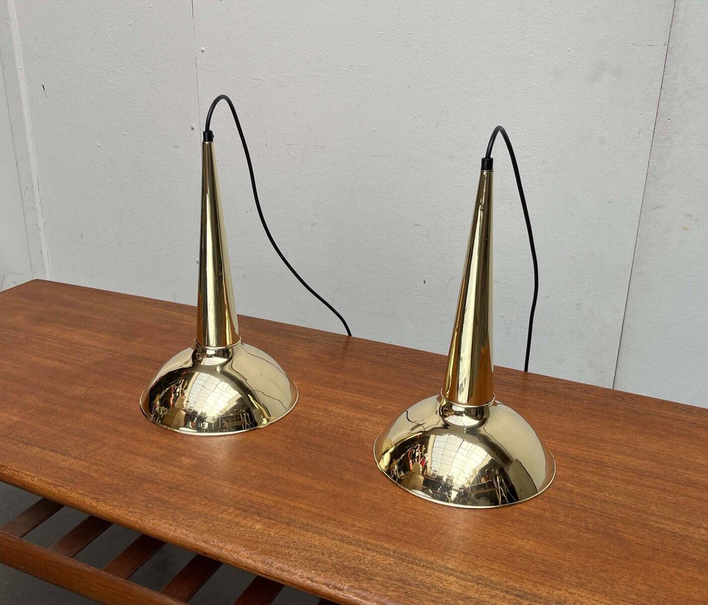 Danish mid-century brass cone pendant lamps, 1950s, set of 2.