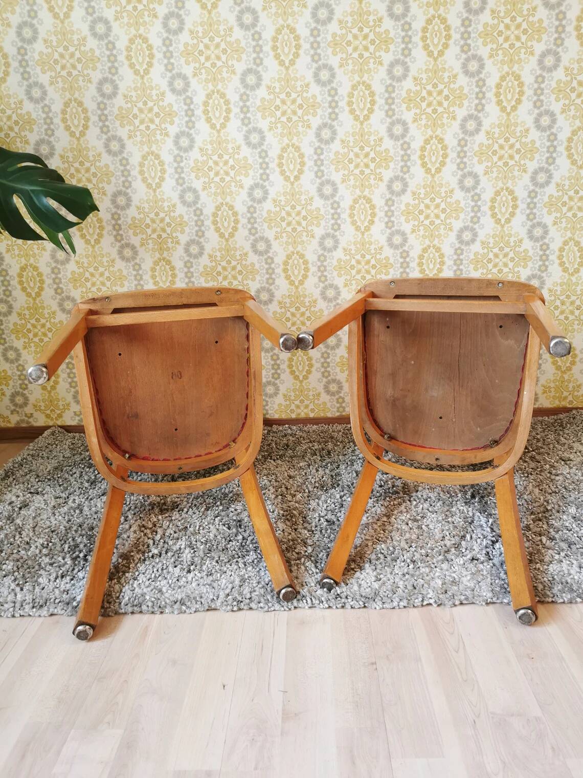 Vintage Wooden Dining Chair: Red Leather Seat, Mid-Century Modern