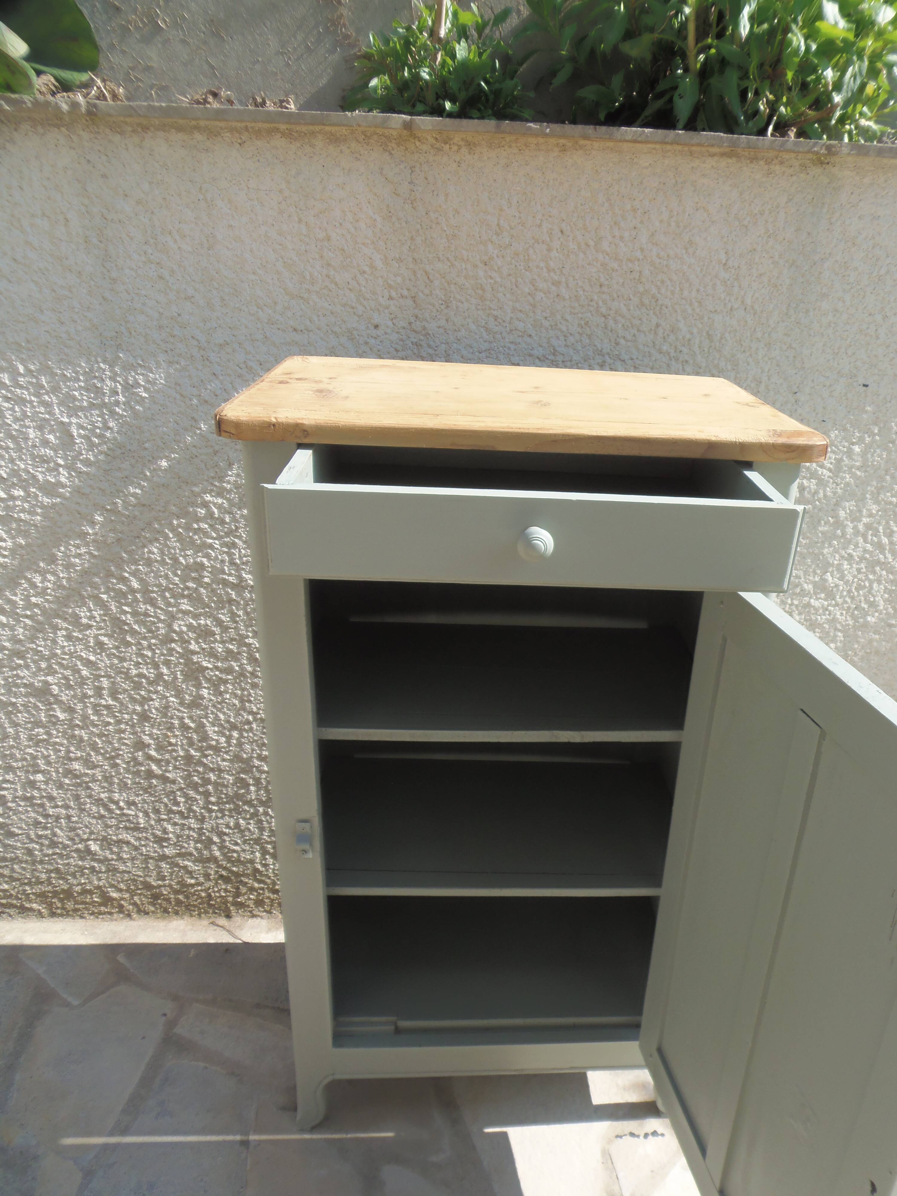 Vintage Parisian cupboard with 1 door, 1 drawer, reimagined in grey-green.