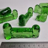 Set of six emerald glass knife holders signed Biot