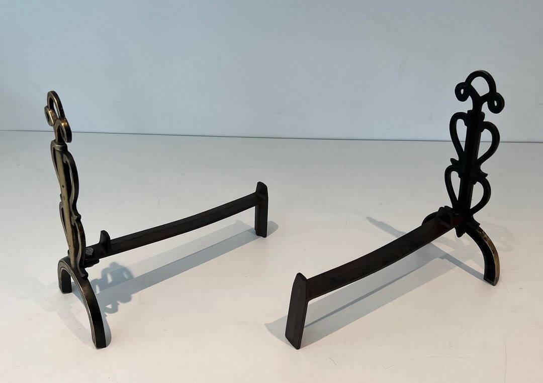 Pair of Brass and Wrought Iron Chenets with Triple Volute and Mount Torch Holders