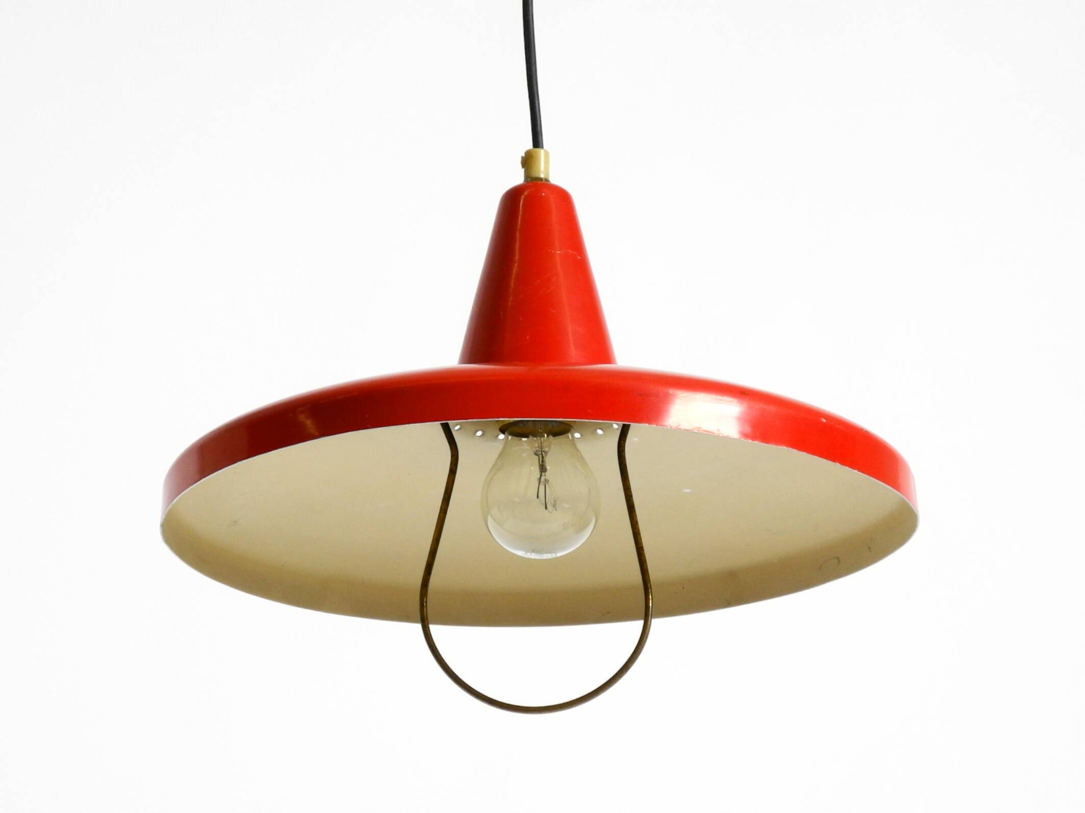 Mid-Century Modern red aluminum pendant lamp, height adjustable, Italy