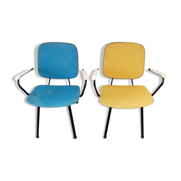 Ensemble de deux fauteuils jaune et bleu années 50/60