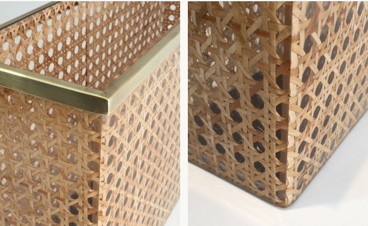 Magazine holder in plexiglass, brass and inlaid cannage