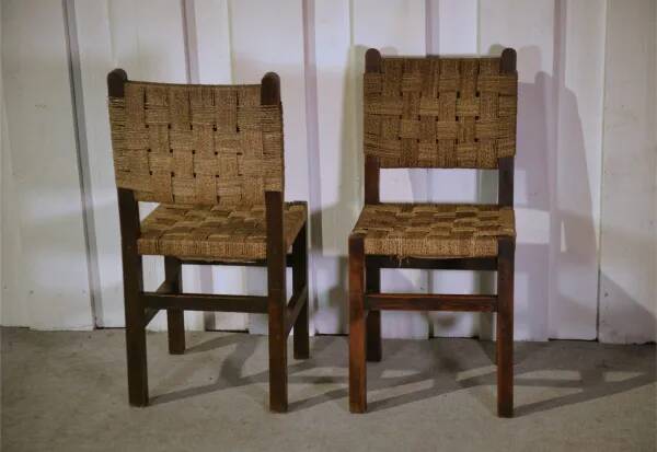 Pair of Brutalist chairs with braided rope seats, 1950s