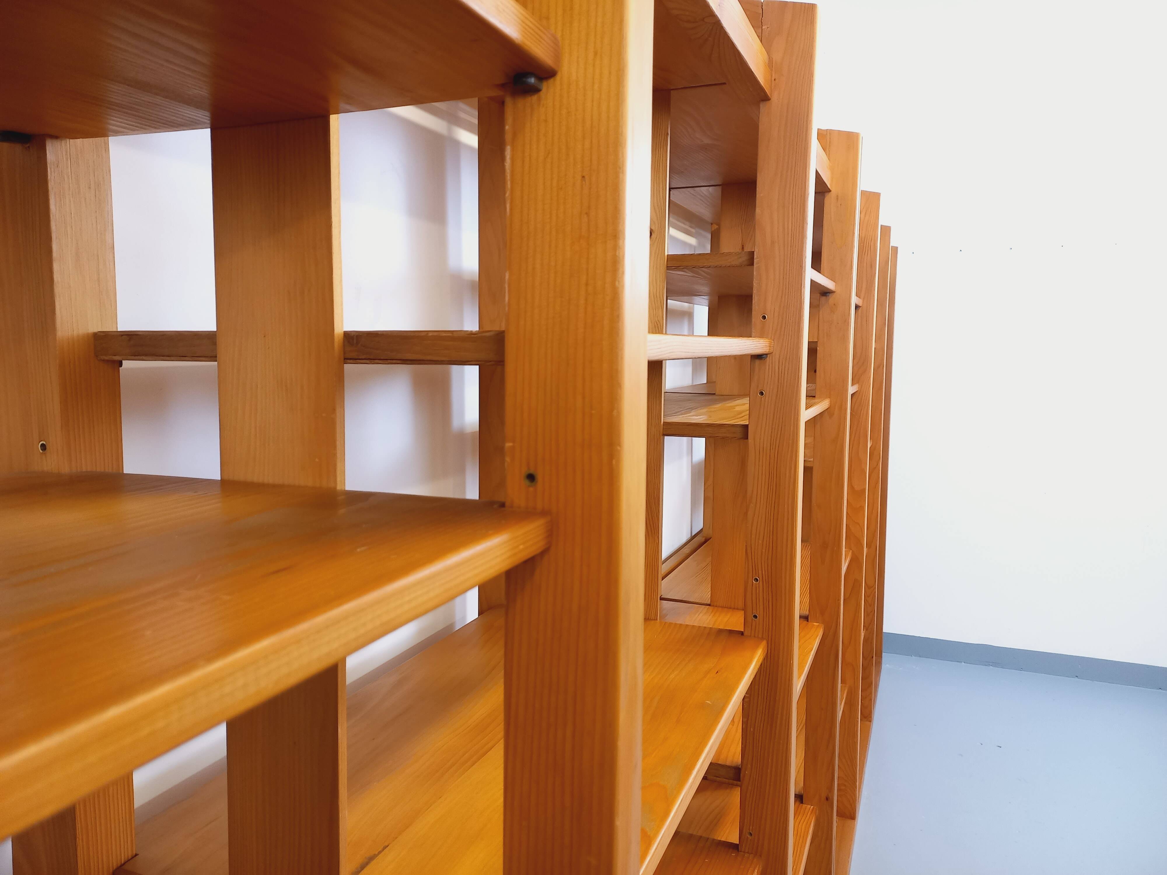Large modular library of 6 parts with 30 vintage wooden shelves.