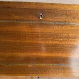 DeCoene antique wood writing desk with beige striped upholstered chair, brass-accented classic set