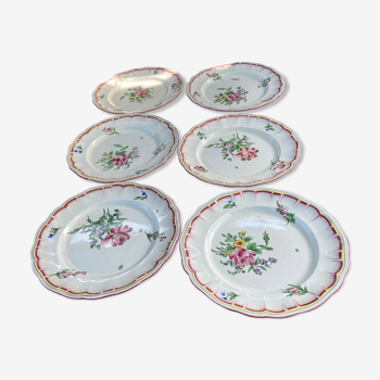 Lot of 6 flat plates Lunéville flower decoration