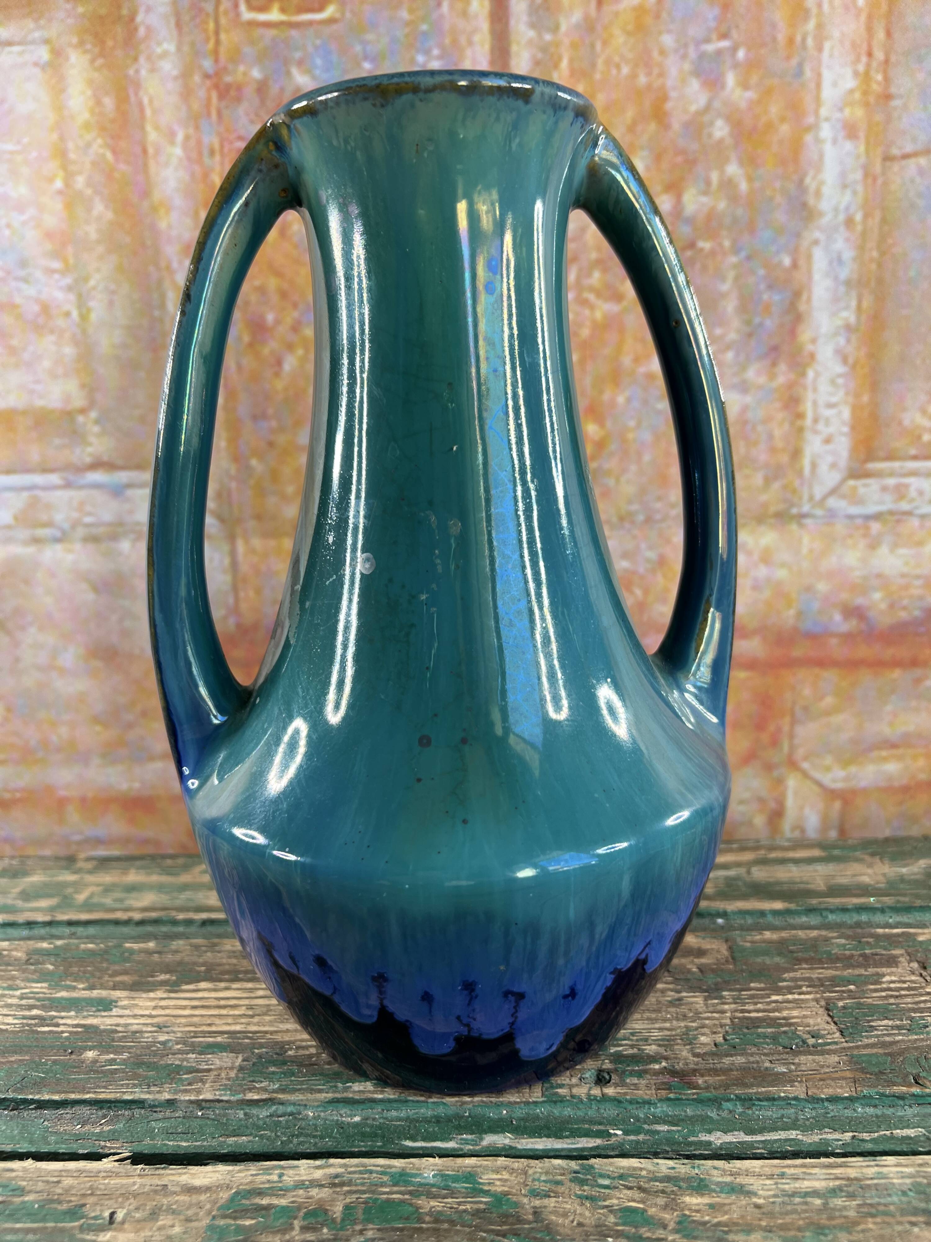 Blue & green glazed ceramic vase Art Nouveau style