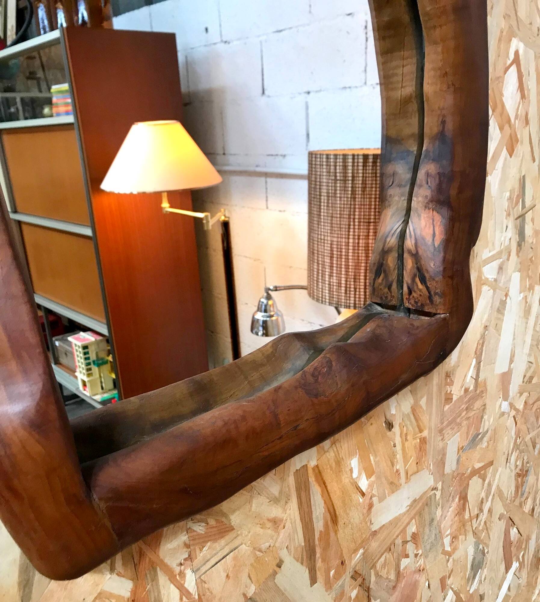 Brutalist olive wood mirror