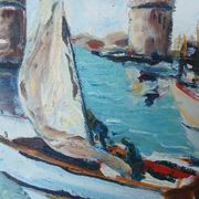 Marine painting, the port of La Rochelle, 1950s