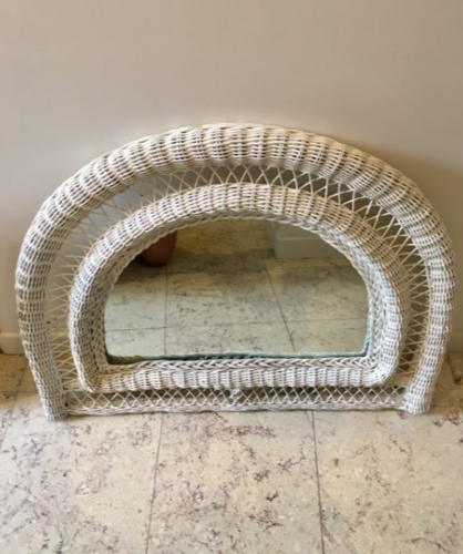 Vintage half-moon rattan mirror white 76x77cm
