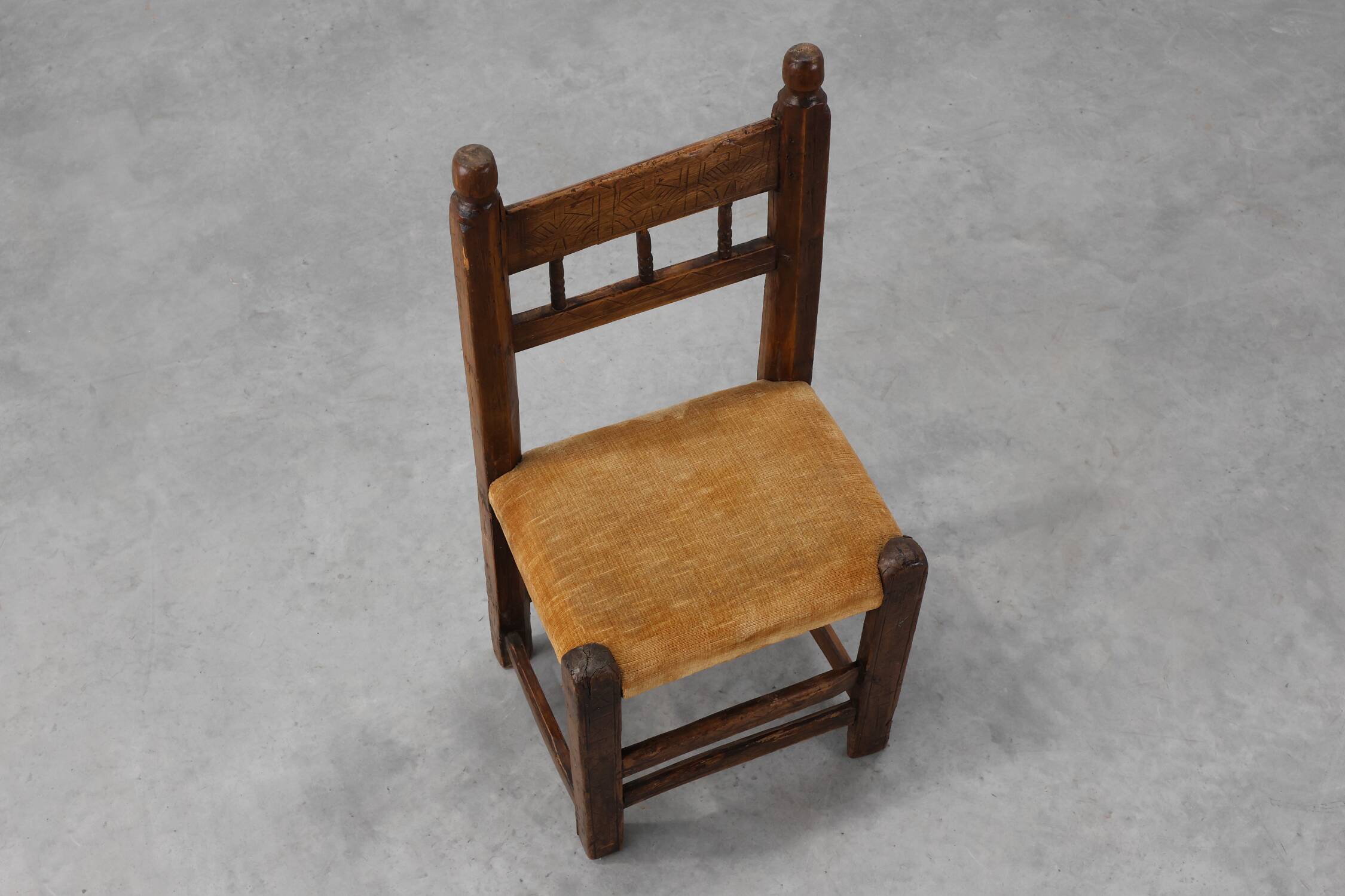 19th Century Spanish Hand-Carved oak Side Chair with Velour Seat