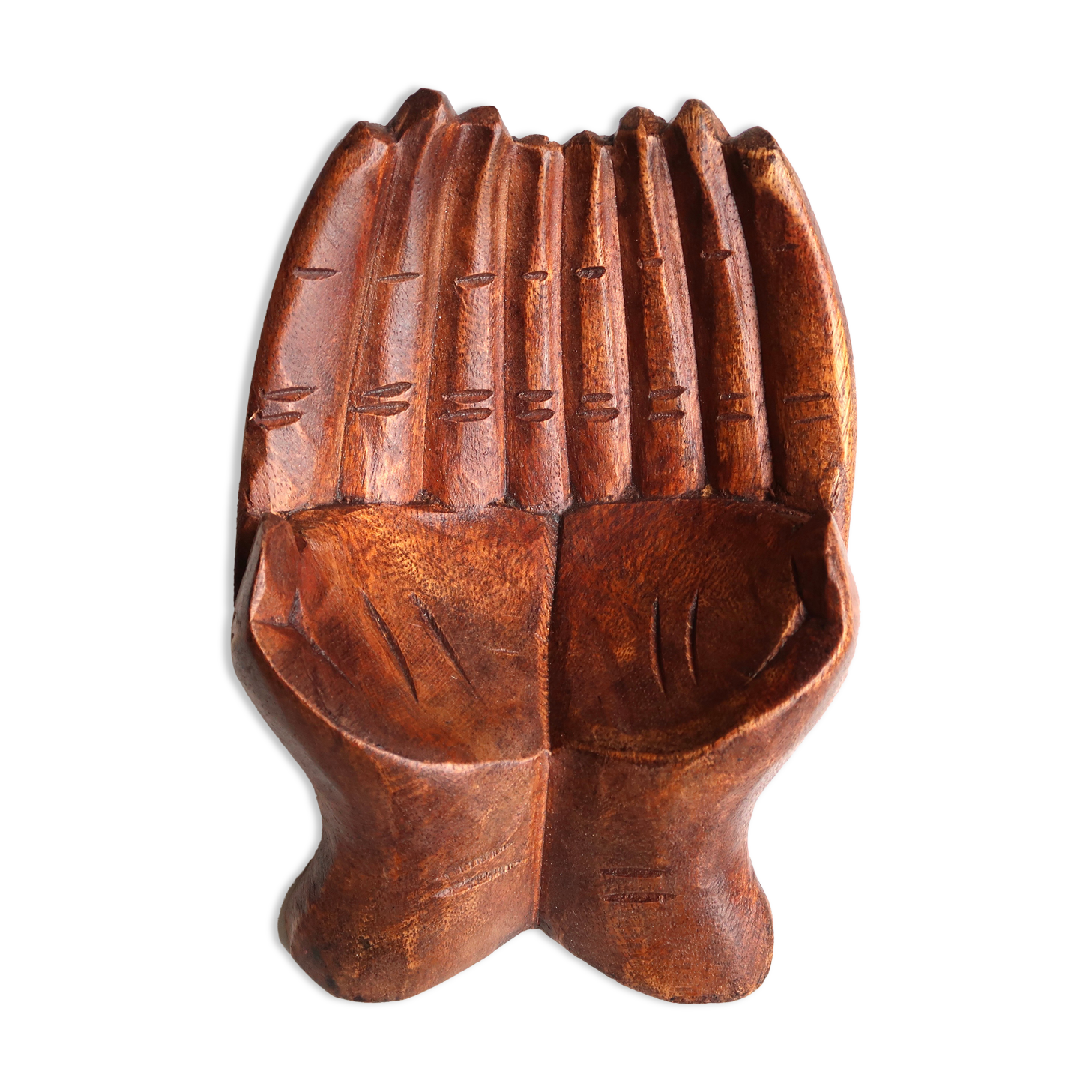 Empty pocket, hands joined in carved wood, 70s