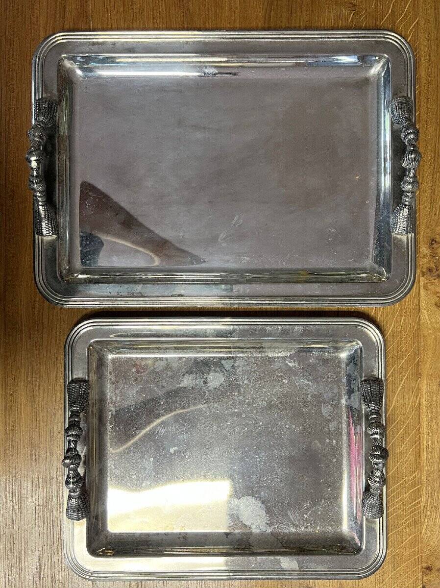 2 silver metal serving trays