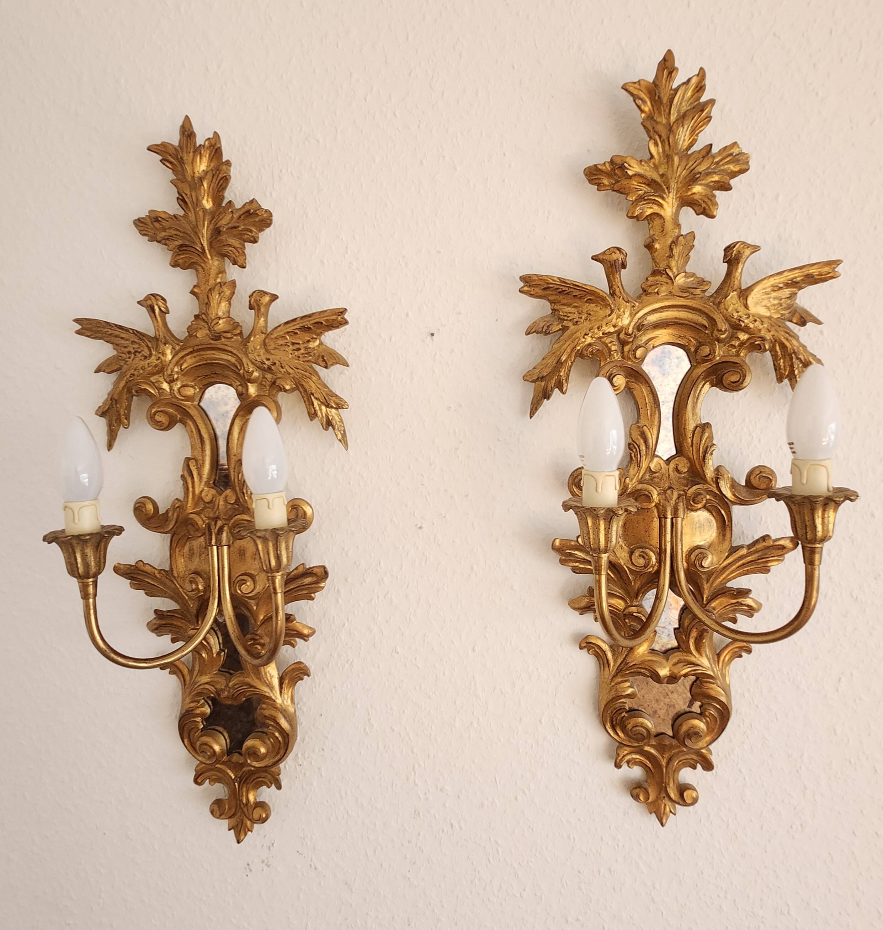Louis XVI wall lamps Rocaille gilded carved wood antique mirror glass
