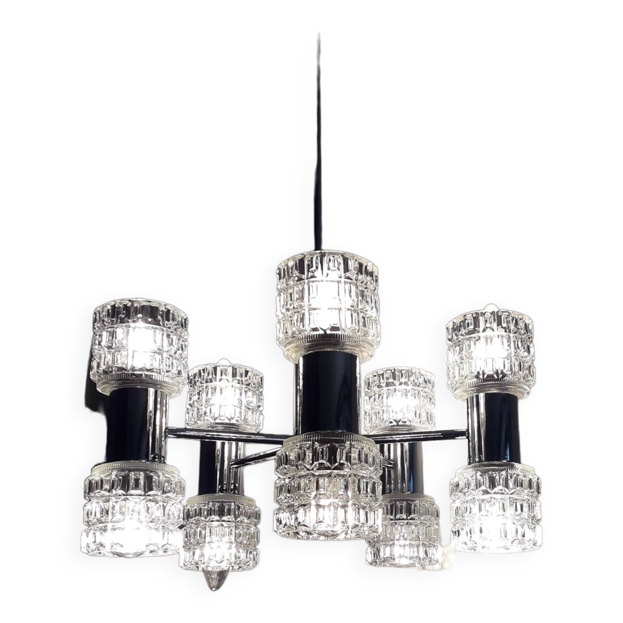 Vintage chandelier - 10 Lights - chrome metal and glass - 1970s