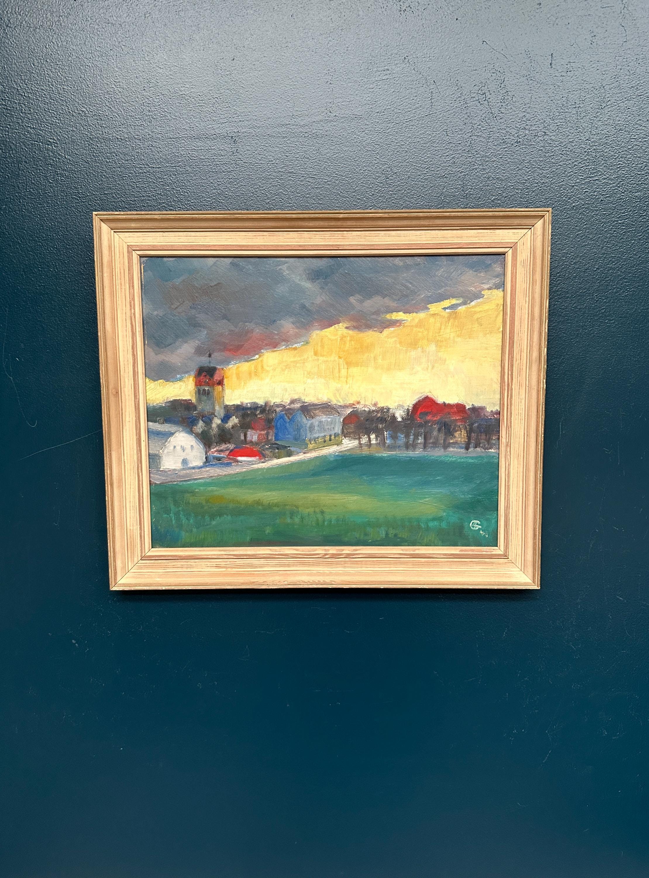 Original Swedish Oil On Panel – “Village” By A.G. – Dated 1948 – Vintage & Framed