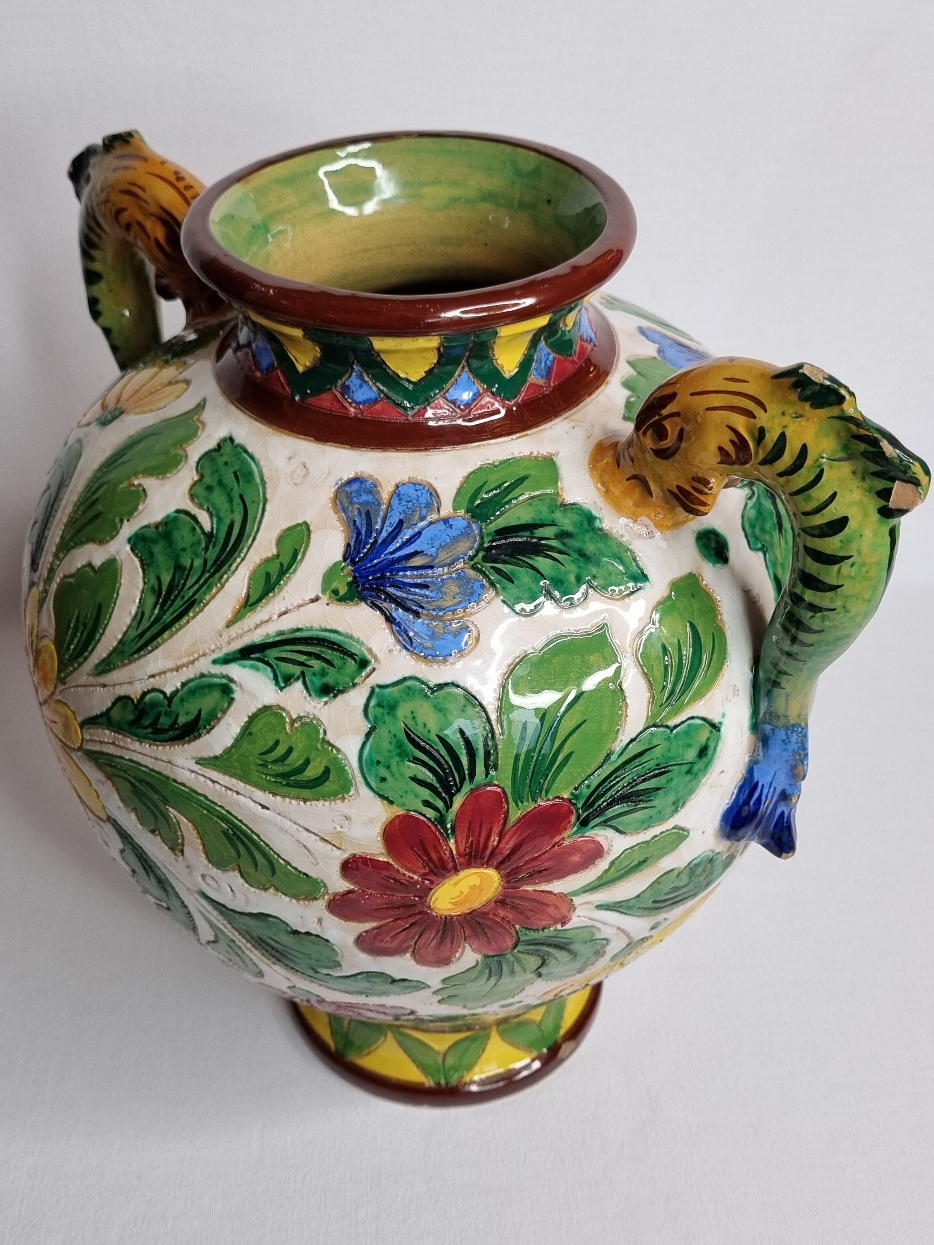 Vase with two handles "dolphins" decorated with flowers, Italy, 30 cm