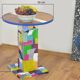 Handmade table made from recycled materials, colourful, abstract.