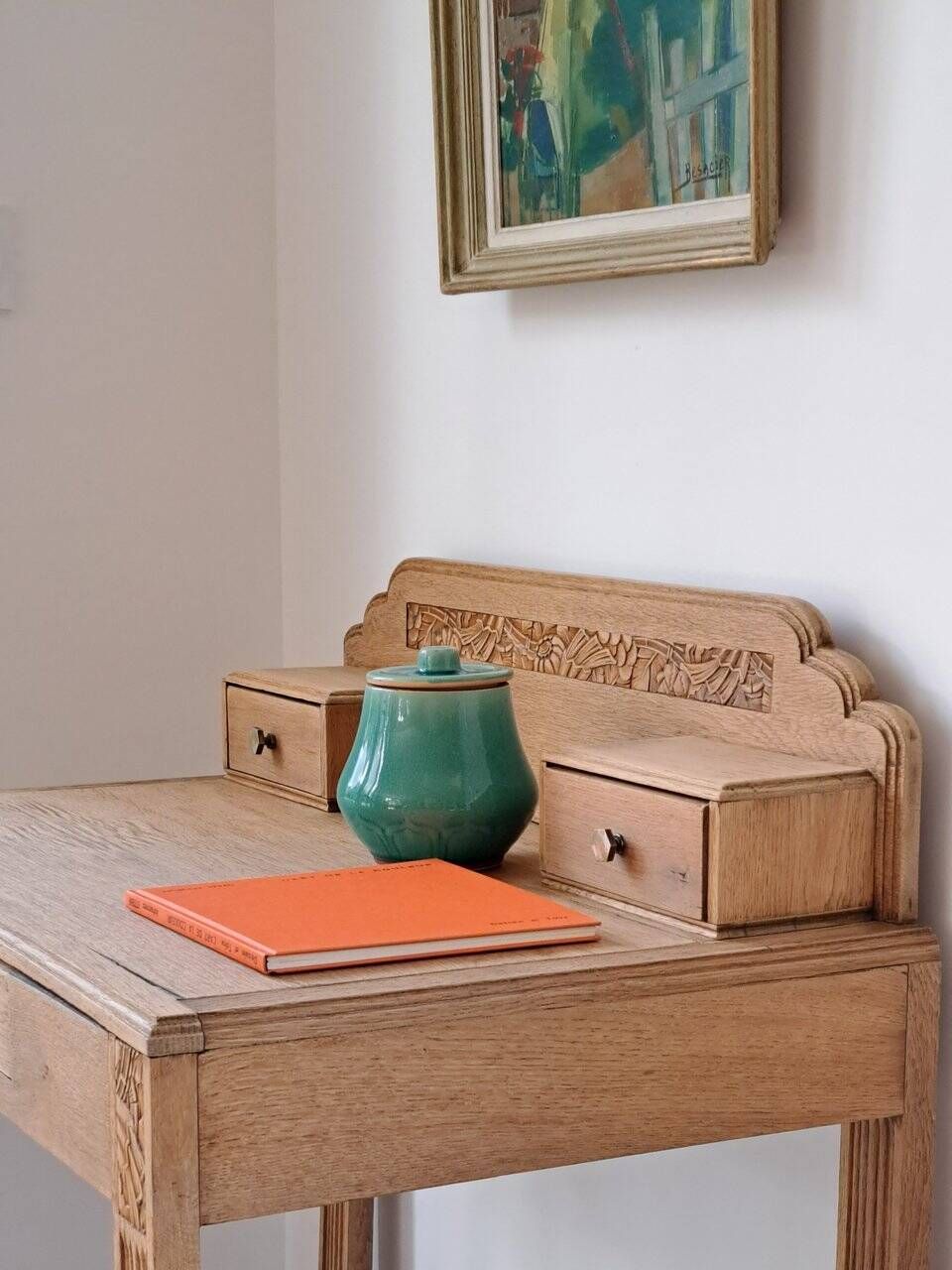 Art Deco oak desk, stripped finish, console size, 3 drawers.