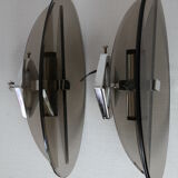 Pair of smoked glass and vintage chrome wall lamps