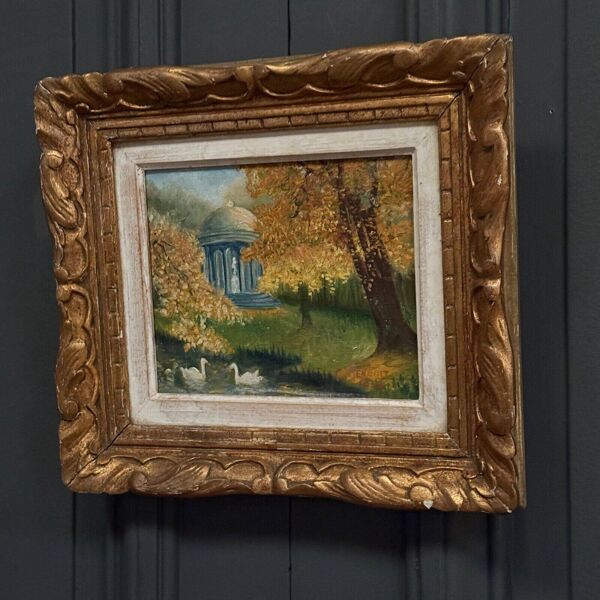Huile sur toile par C. Jeunault 1938 kiosque et cygnes dans un parc