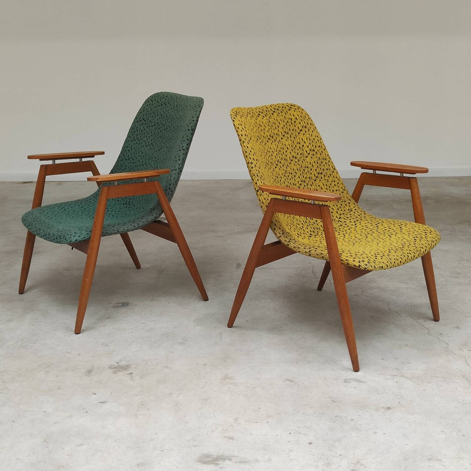 Pair of yellow and green resin and wood armchairs by Miroslav Navratil