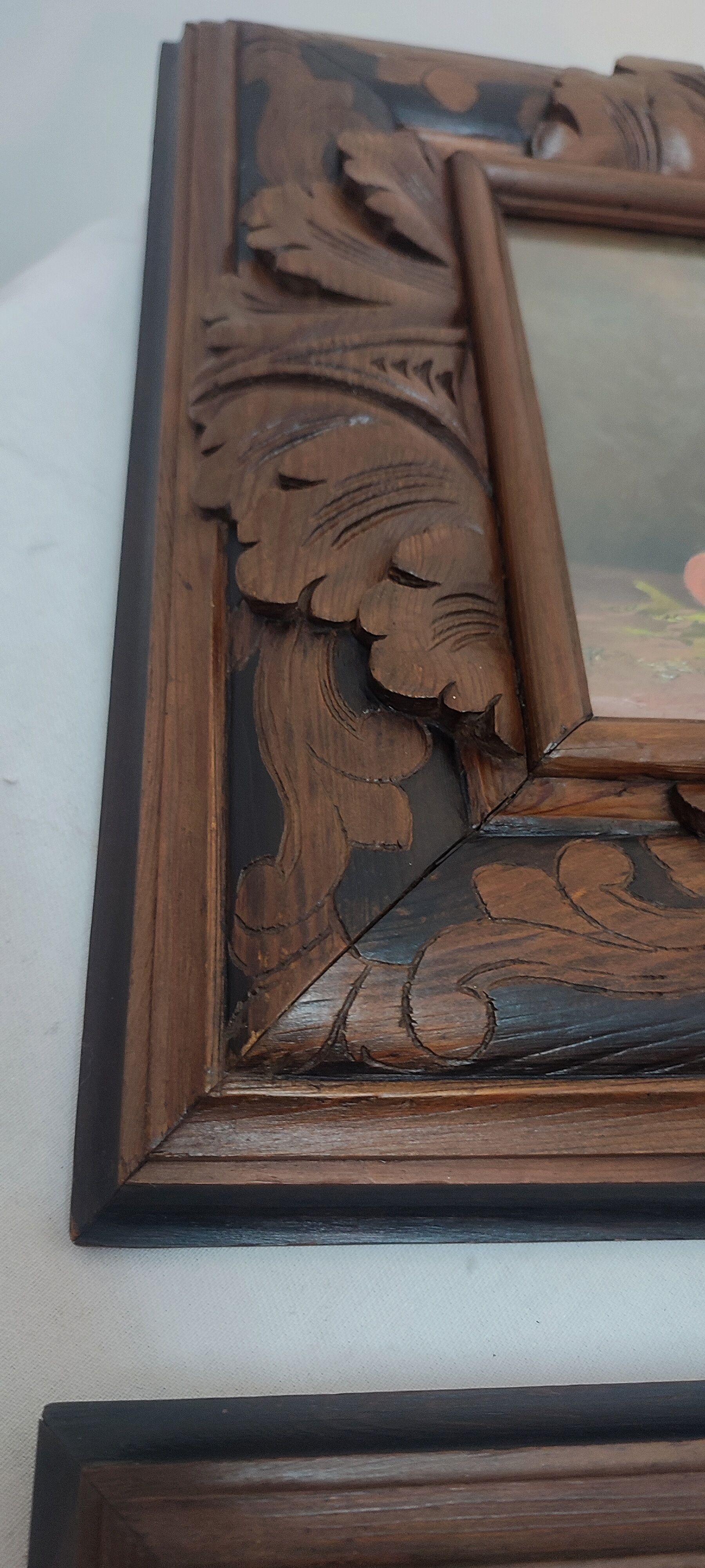 Pair of oils on cardboard with carved wooden frame. Spain 1950s.