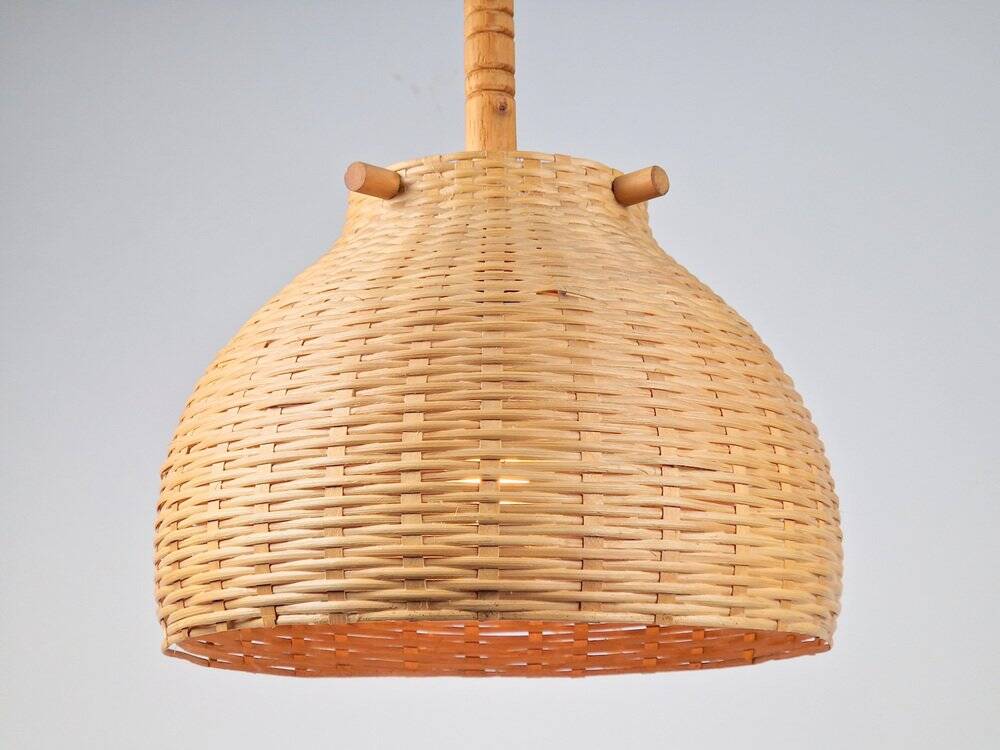 Scandinavian Wicker Rattan and Pine Pendant Lamp, 1960s
