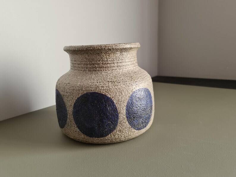 Mid-century modern stoneware vase with cobalt blue dots.