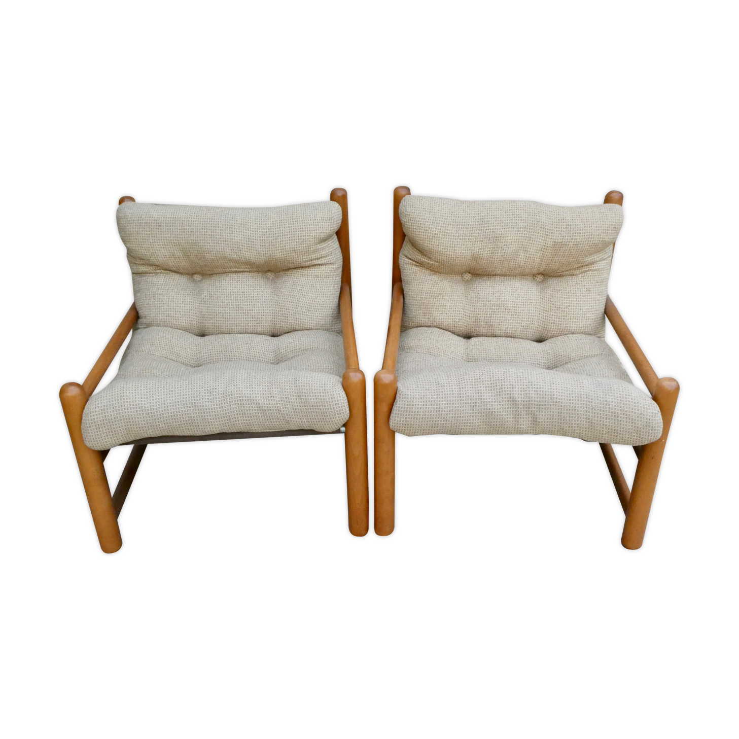 Pair of pine and woolly armchairs, 80s