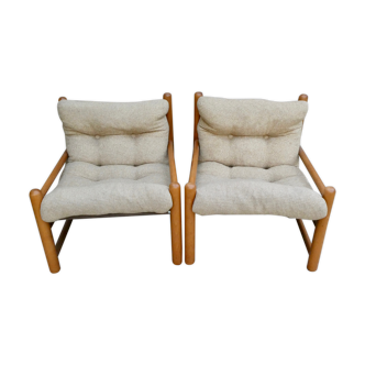 Pair of pine and woolly armchairs, 80s